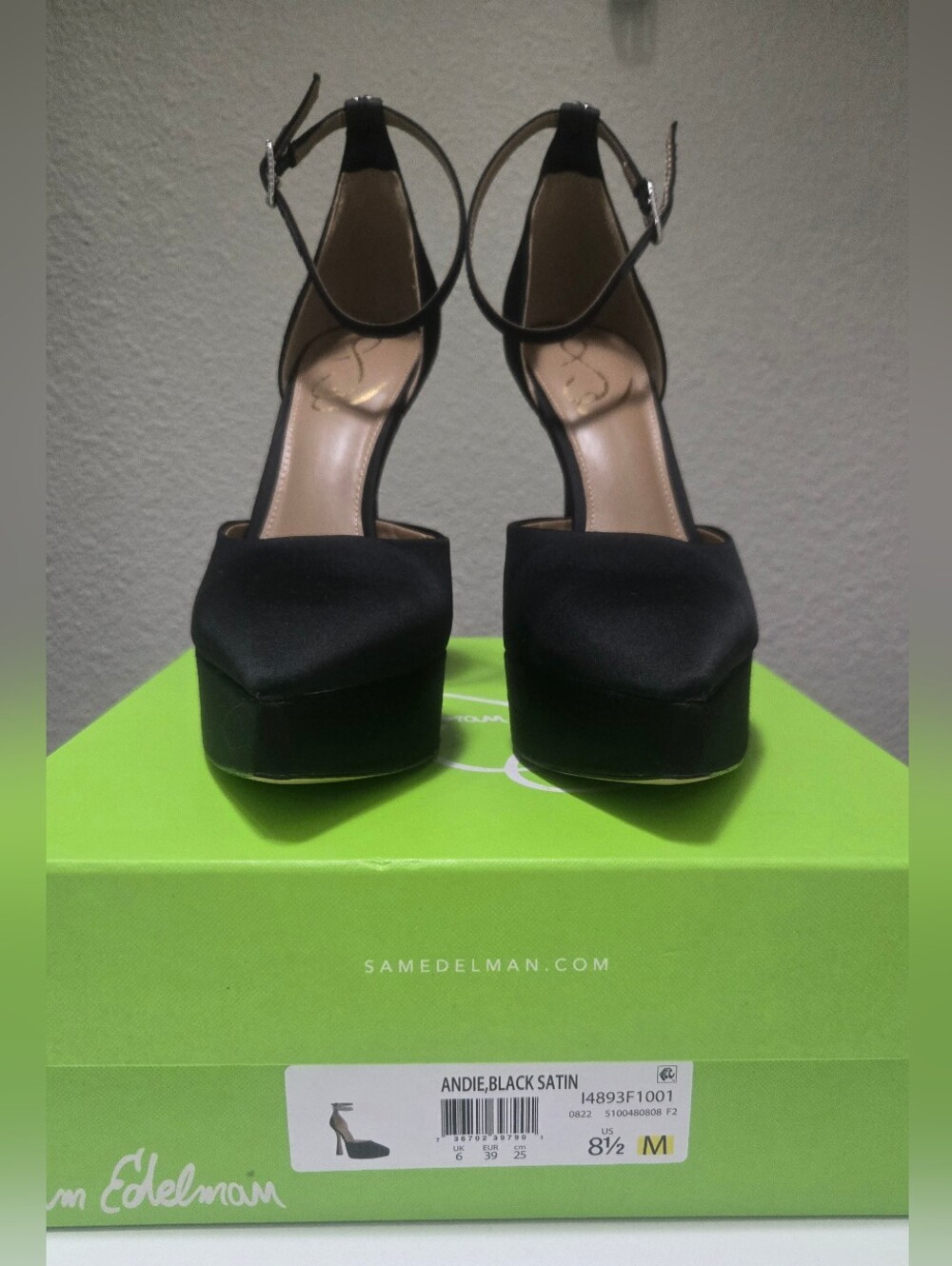 Sam Edelman Black Satin Platform Ankle Strap Heels